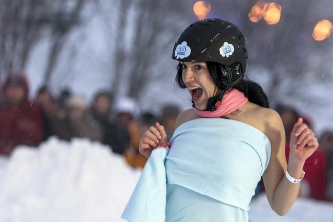 Naked Snow Sledding Race