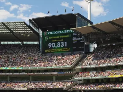 The giant screen proclaims a world record crowd on the first day of the fourth Ashes cricket Test between Australia and England played at the Melbourne Cricket Ground. (Getty Images)