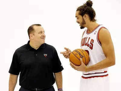Chicago Bulls coach Tom Thibodeau and Joakim Noah