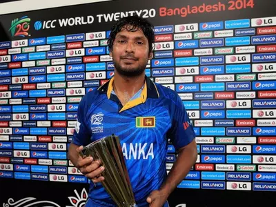 Kumar Sangakkara of Sri Lanka pictured with the 'Man of the Match' award after the ICC World Twenty20 Bangladesh 2014 Final between India and Sri Lanka at Sher-e-Bangla Mirpur Stadium on April 6, 2014 in Dhaka, Bangladesh. (Photo by Matthew Lewis-IDI/IDI 