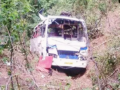 A passenger bus that fell down in a gorge in Sirmaur district of Himachal Pradesh on Monday evening. PTI Photo