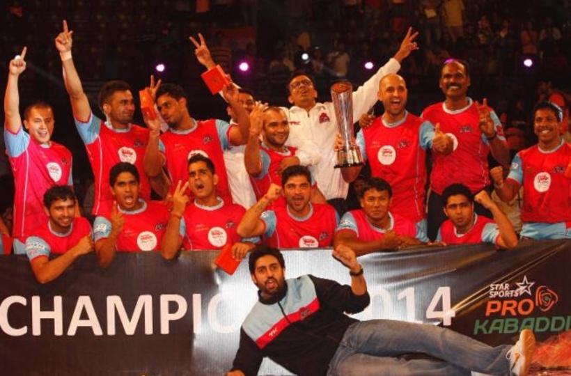 Players of UMumba celebrate after they won the Pro Kabaddi League