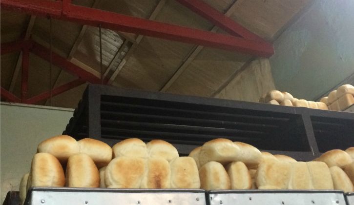 Hot dog buns are the decor in this old structure