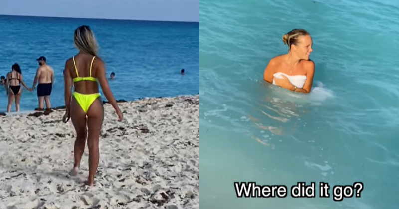 Dissolving bikini trick at the beach, bikini, beach