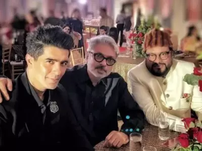 Sanjay Leela Bhansali and Manish Malhotra at Gauahar Khan and Zaid Darbar's wedding reception.