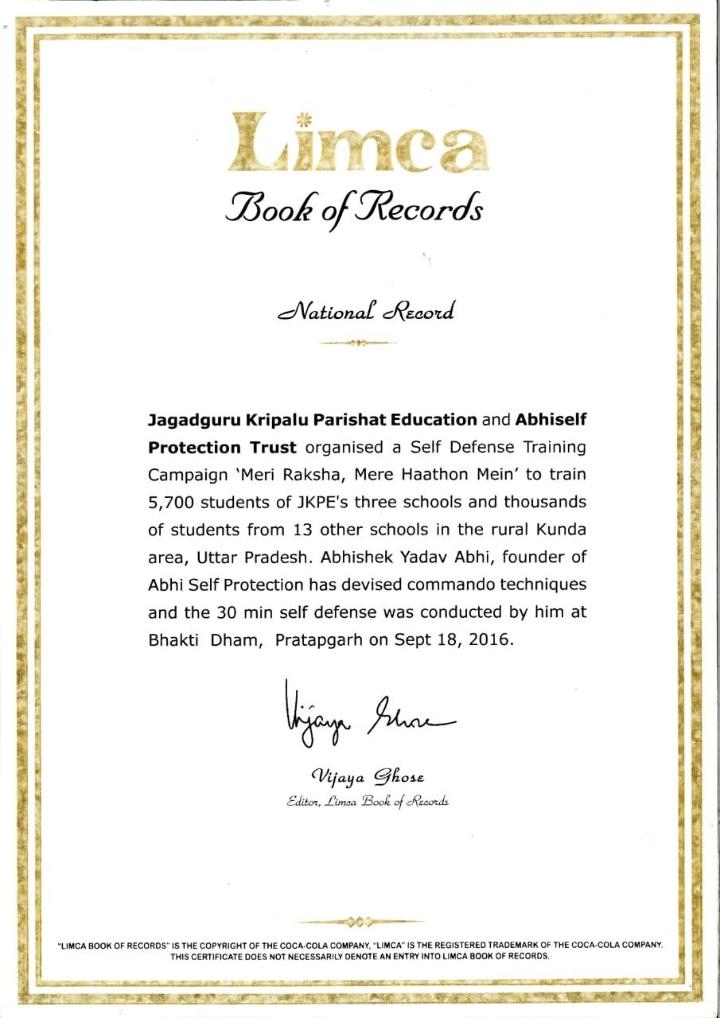 Abhishek Yadav Founder of Abhi Self Protection - Limca Book of Records Certificate