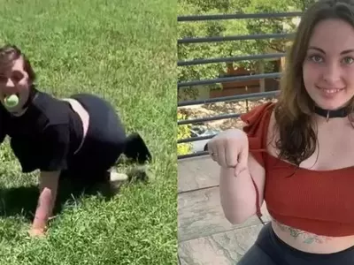 woman pretends to be a dog