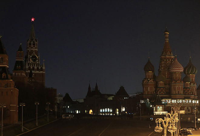 The Kremlin, GUM department store and the St. Basil's Cathedral in Moscow, Russia.