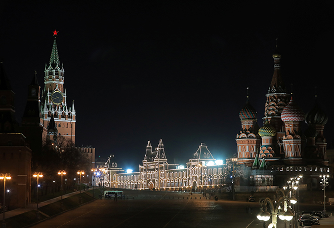 The Kremlin, GUM department store and the St. Basil's Cathedral in Moscow, Russia.