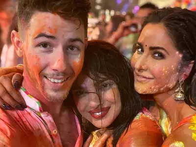 Nick Jonas, Priyanka Chopra and Katrina Kaif at Isha Ambani's Holi party.