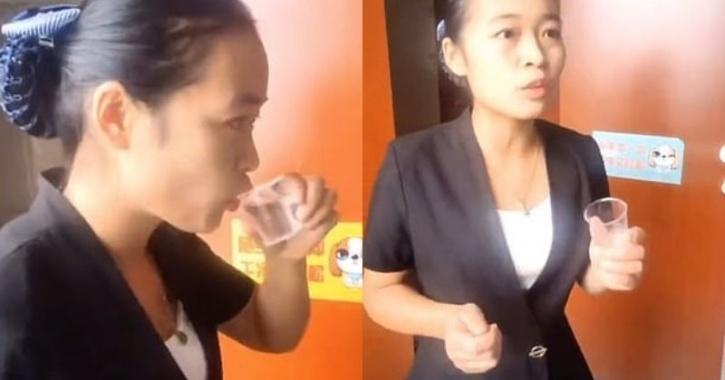 cleaner in China, drinking water from a toilet