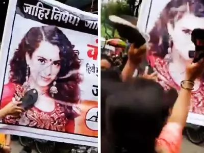 After PoK, Kangana Compares Mumbai To 'Taliban', Angry Mob Beats Her Poster With Chappals