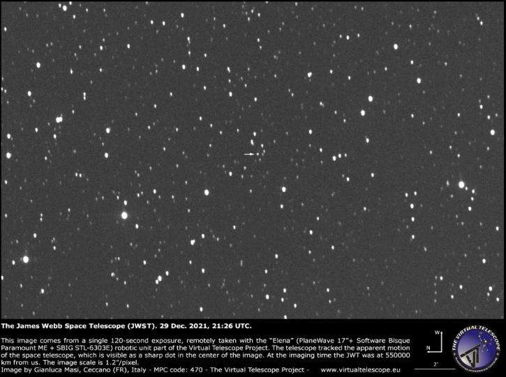 El telescopio espacial James Webb se mueve hacia el espacio (Crédito de la imagen: Gianluca Masi / Virtual Telescope Project)