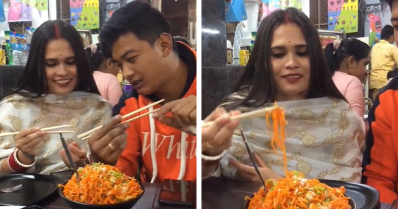 Husband Teaches Wife How To Use Chopsticks