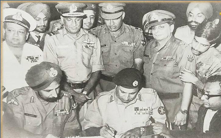 On 16 December 1971, Lt Gen Jagit Singh Aurora, GoC-in-C, Eastern Command accepting the surrender of Lt Gen AAK Niazi of Pakistan Army