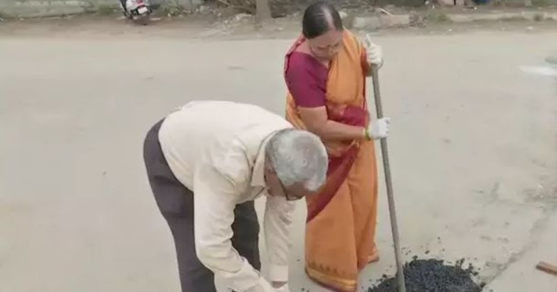 'Road Doctor' Couple Spends Pension Funds To Fill Potholes In Hyderabad