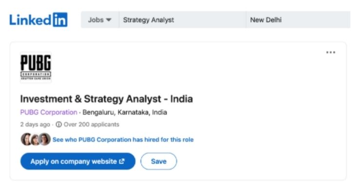 PUBG Mobile India job opening linkedin