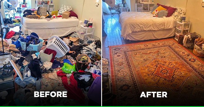 cleaning a messy living room