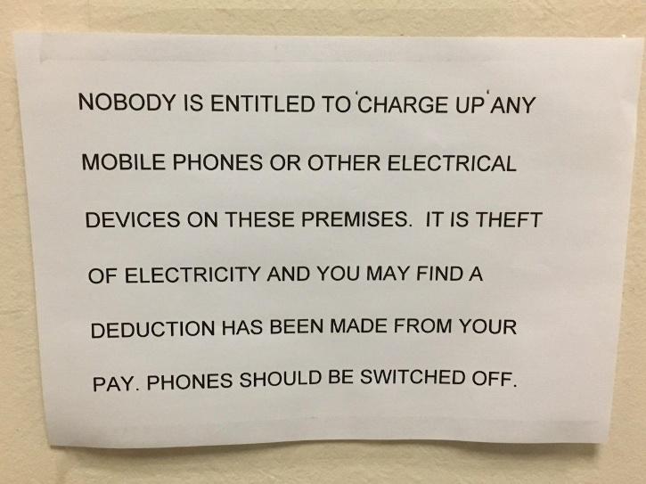 Phone charging is electricity theft boss puts up notice