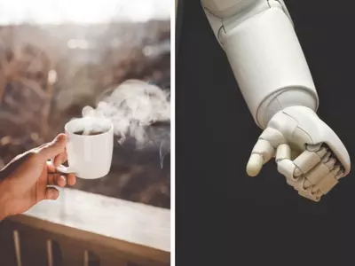 Left: A cup of coffee. Right: A robotic arm.