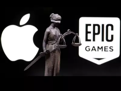 Apple and Epic Games logos are pictured in this image