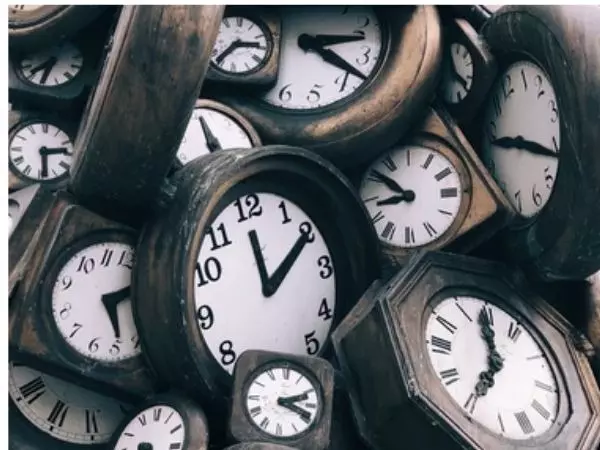 Clocks are pictured in this image