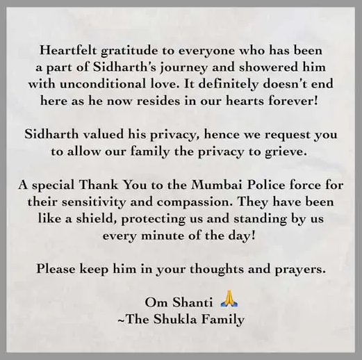 sidharth shukla family official statement