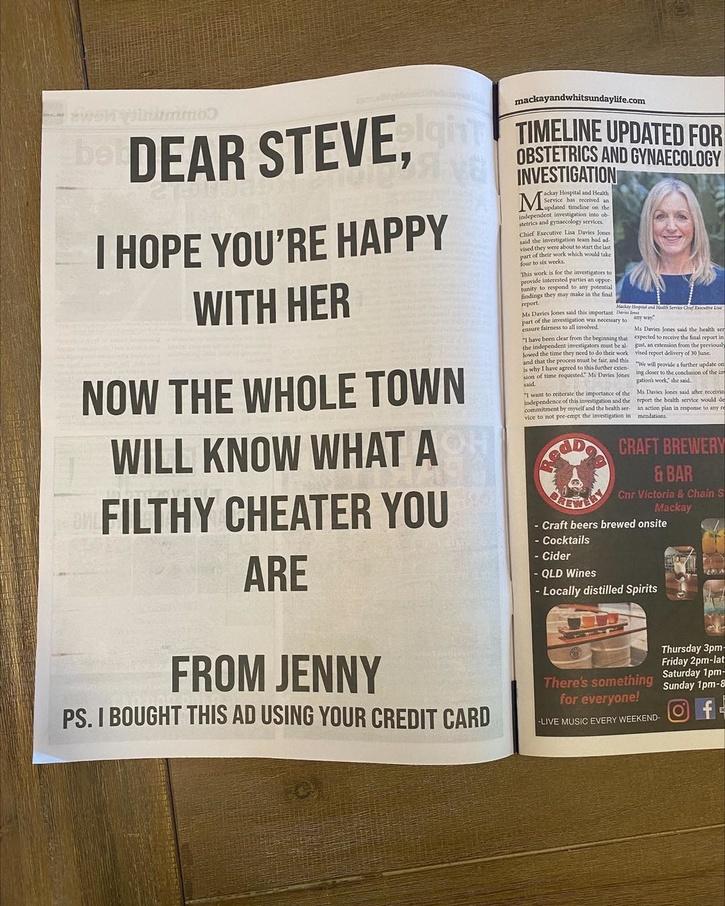 A woman in Australia took out a full-page newspaper ad to get revenge on her cheating ex.