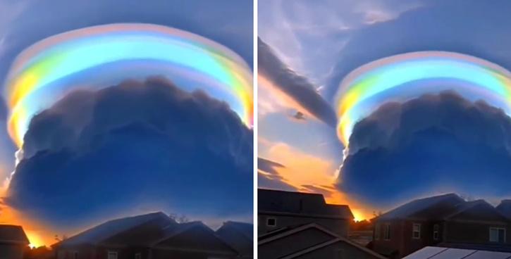 Sebuah fenomena unik yang menunjukkan permainan warna-warni yang terbentuk di atas awan pileus muncul di Kota Puning di Cina selatan