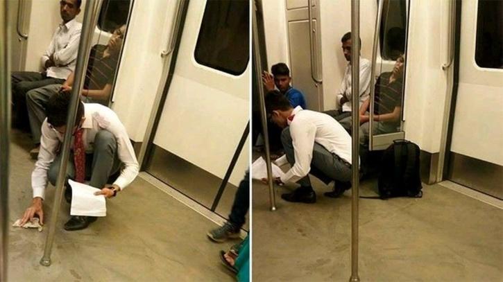 boy spills food in delhi metro cleans it LinkedIn post 