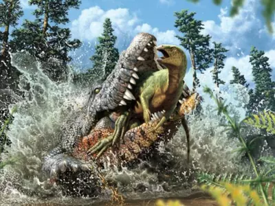 Crocodile eats dinosaur / Dr. Matt White/Australian Age of Dinosaurs