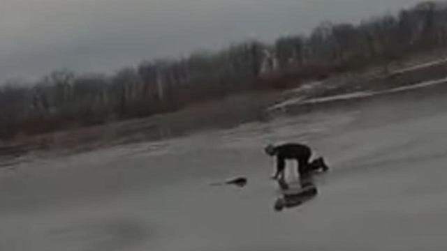 Police Officer Sprints Across Thin Ice To Rescue Dog Stuck In Frozen Lake