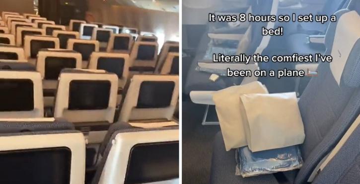 He made a bed out of one of the many empty rows of seats.