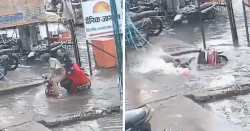 Aligarh Couple On Scooter Falls in Rain Water Filled Pit