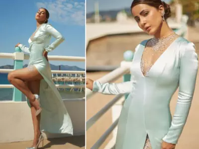 Hina Khan Dazzles in Blue Satin Dress At Cannes