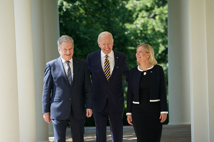 US President Joe Biden, Sweden’s Prime Minister Magdalena Andersson and Finland’s President Sauli Niinistö arrive to speak in the Rose Garden following a meeting at the White House in Washington