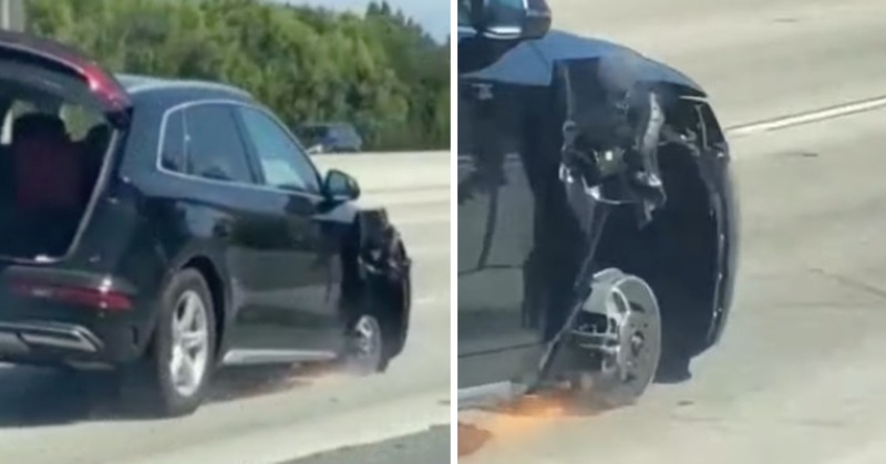 Woman Drives Down Freeway 405 Without Front Tyre In Wild Video