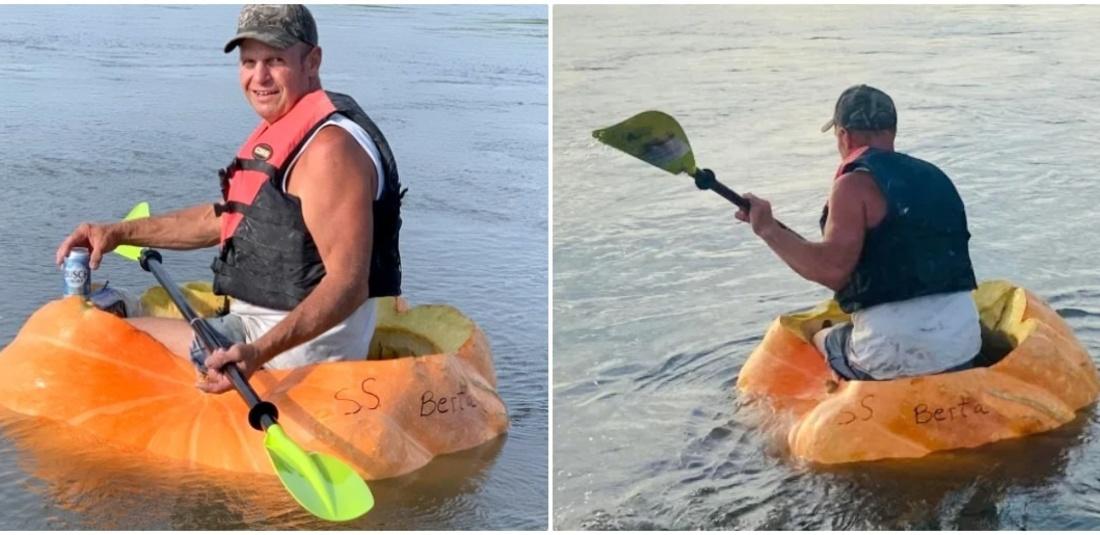 US man floats sixty-one kilometer in pumpkin makes world record  