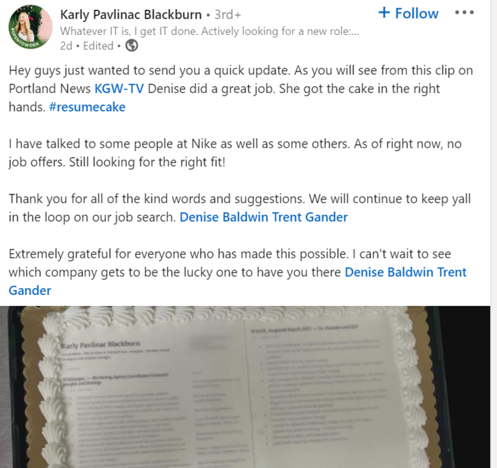 Woman sends a resume printed cake