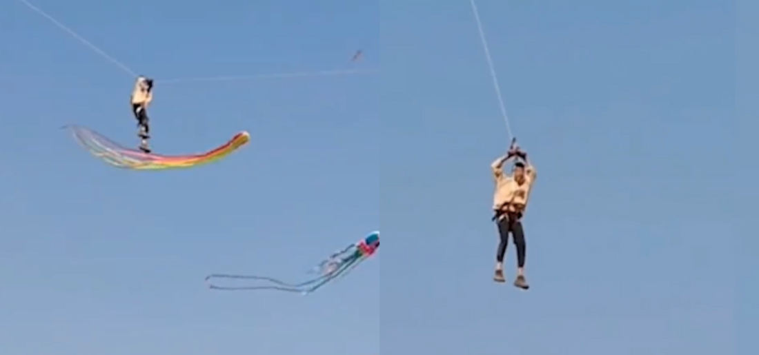 Man's Kite Flying With DeathDefying Stunt