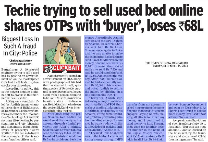 When a Bengaluru technician sells a bed on OLX, he falls victim to an online scam and loses Rs 68 lakh