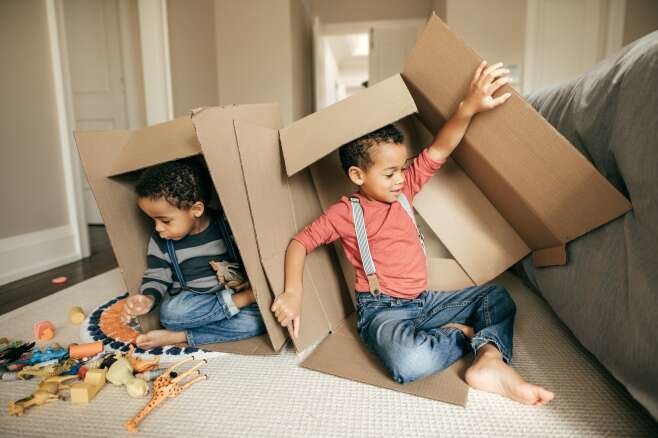 mother puts kids in cardboard box