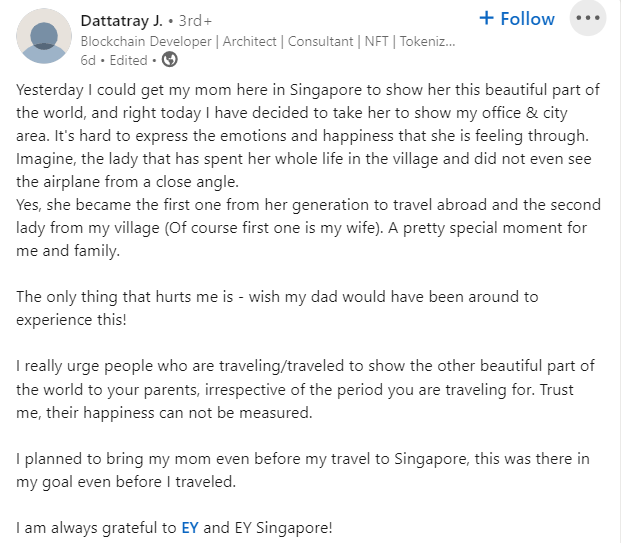 man takes mother to singapore linkedin viral post wins hearts