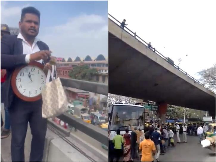 viral video bengaluru man rains notes from flyover causes traffic jam