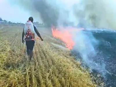 A farmer extinguishing the fire with water pump