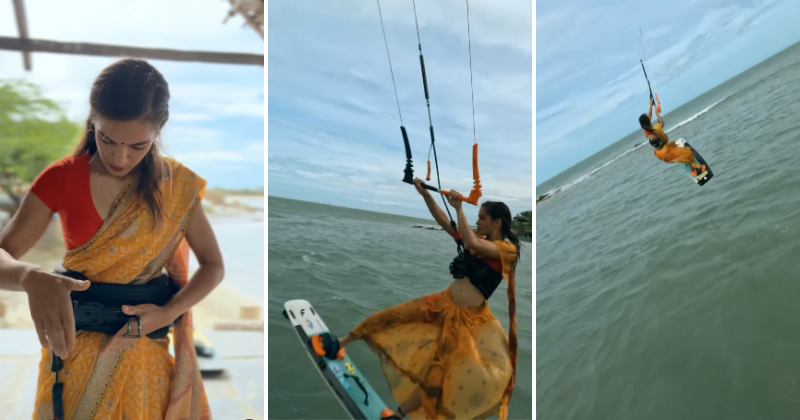 kitesurfing in indian clothes look at this woman