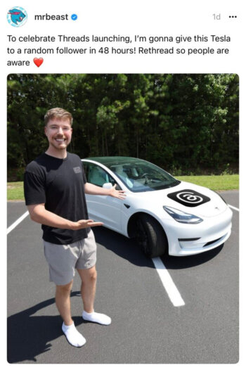 MrBeast trolls Elon Musk Threads Tesla Giveaway 