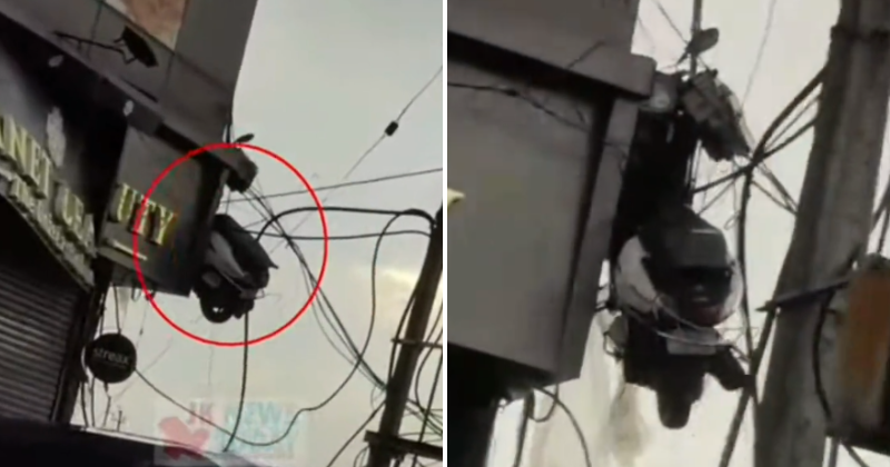 A scooter stuck in power lines shocks netizens in Jammu