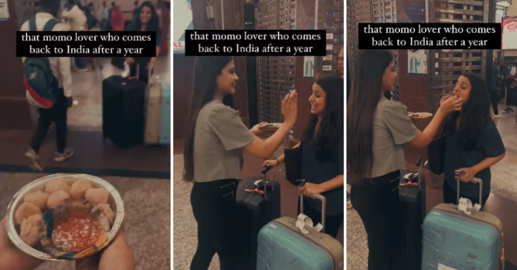 A woman surprises her friend returning from the US with Momos at the airport