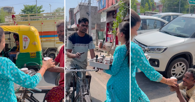 During the summer, a woman delivers cold lassi to rickshaw pullers and street vendors